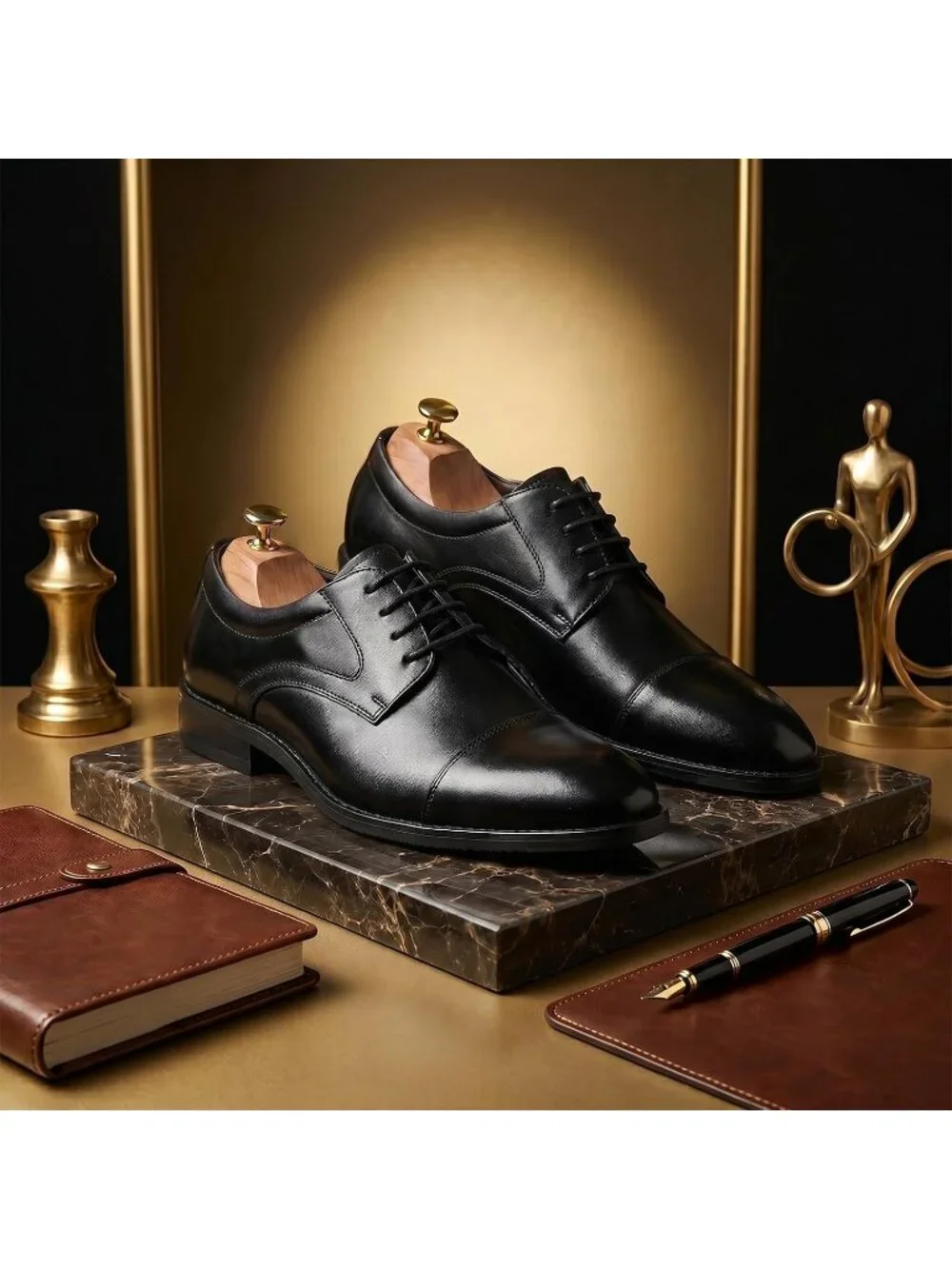 Men's Black Polished Leather Rounded Toe Formal Business Derby Oxfords Shoes